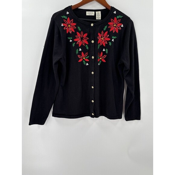 Classic Elements Holiday Poinsettia Cardigan Black Sequin Sweater Petite LARGE - Picture 11 of 14